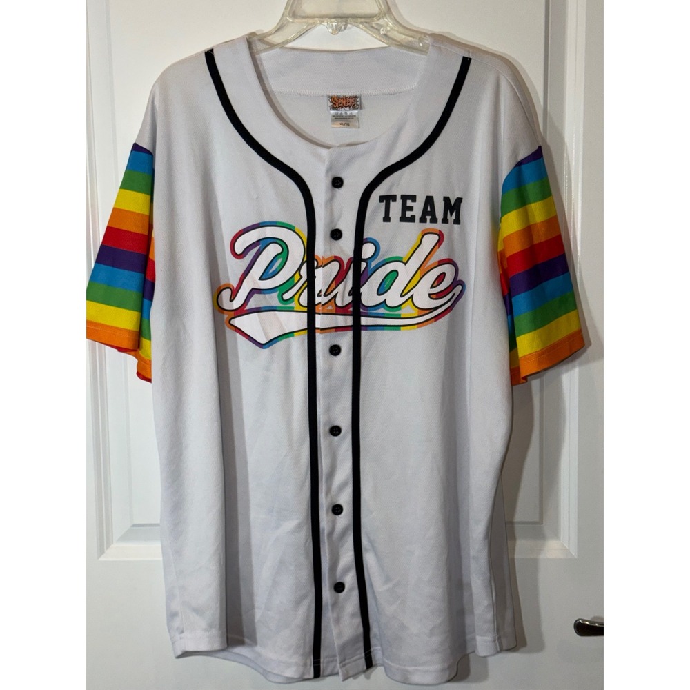 Spencer's Team Pride Baseball Jersey XL White Rainbow Striped Mesh Button Up